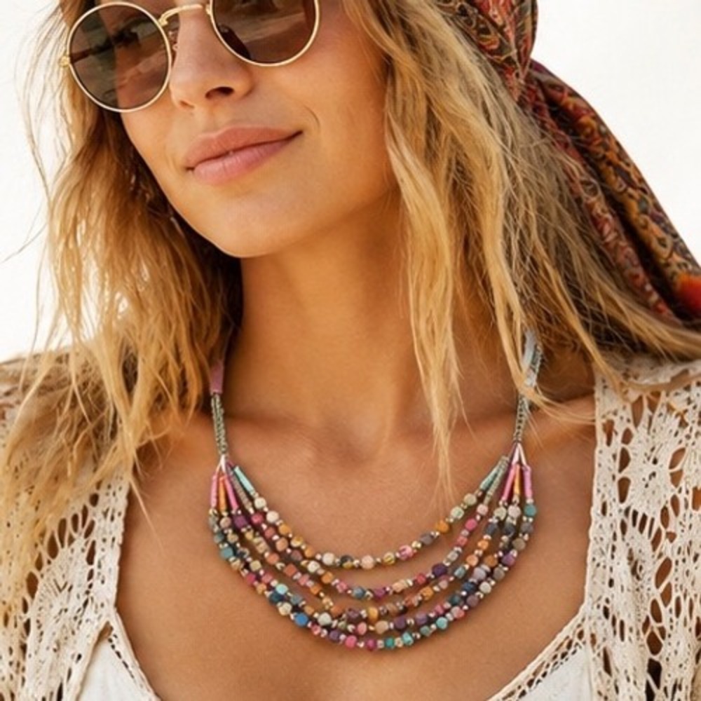 Bohemian Multi Strand Fabric Wrapped Bead Bib Necklace Antiqued Brass Multicolor